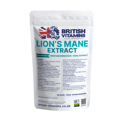 Lion’s Mane Mushroom Extract – 40% Beta Glucans, 50% Polysaccharides Triterpenes (naturally occurring)(Fruiting Body, Water-Extracted) Health & Beauty:Vitamins & Lifestyle Supplements:Vitamins & Minerals British Vitamins 60 capsules