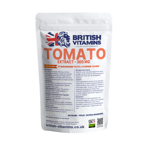 Tomato Extract 300mg – 5% Lycopene 15mg – Clean Label – No Fillers – Vegan – UK Made British Vitamins 60 Capsules