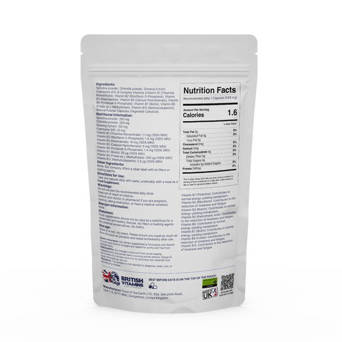 Vitamin B Complex, Q10, Spirulina Chlorella, Ginseng Complex