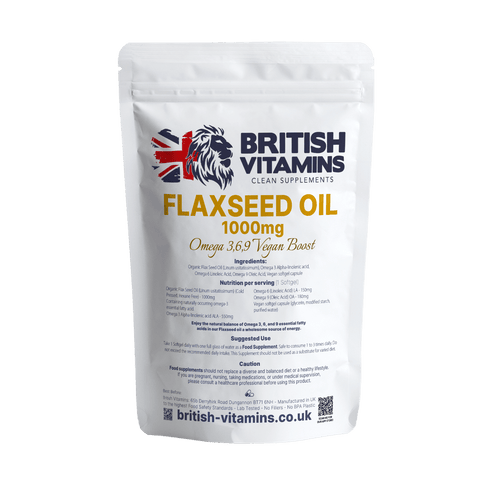 Flaxseed Oil 1000mg Omega 3, 6, 9 Food Supplement British Vitamins 60 softgels